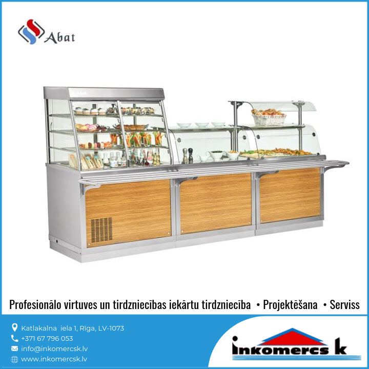 Profesionālas virtuves tirdzniecības iekārtas tehnika aprīkojums garantija serviss sadales līnija hot line Abat marmiti sadales galdi Inkomercs K