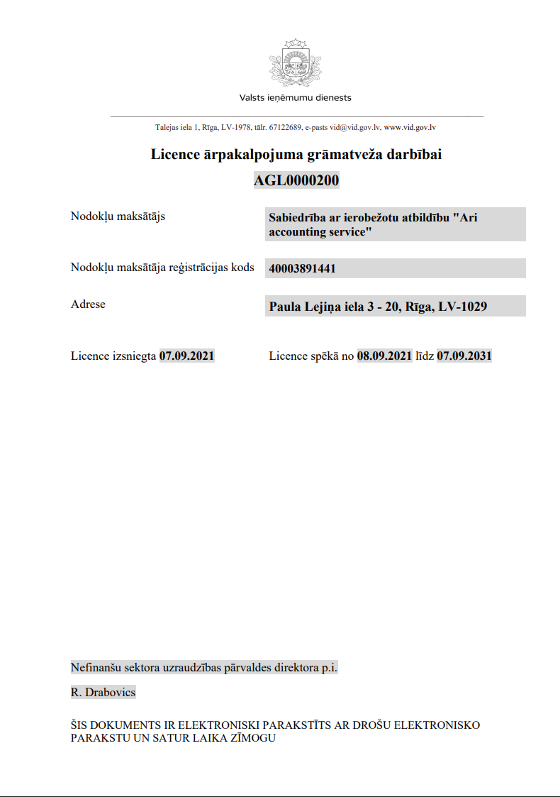 Licence ārpakalpojuma grāmatveža darbībai