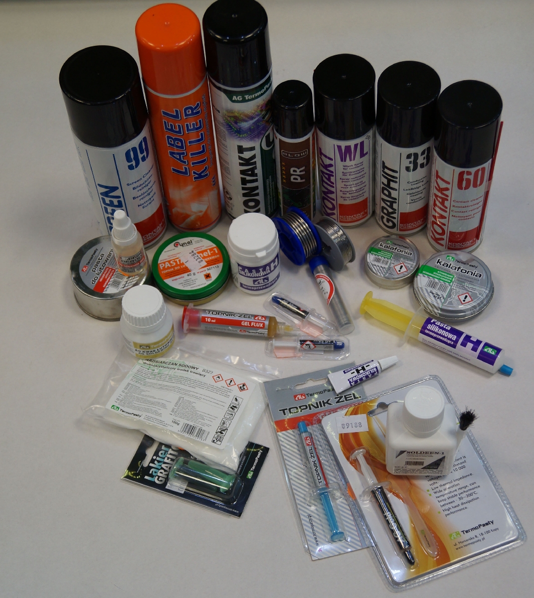 Alva, lodēšanas pasta, lodēšanas skābe, kalafonijs, kontaktu aerosoli, kontaktu tīrītāji, termopasta, kodināšanas līdzekļi, dzelzs hlorīds, kīmija elektronikai, lodēšanas ķīmija