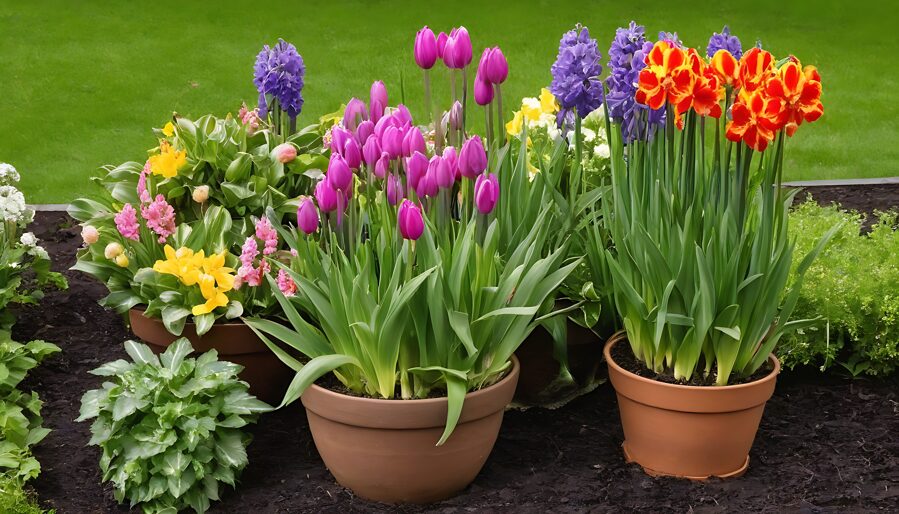 Podiņos augoši tulpes un narcišu ziedi