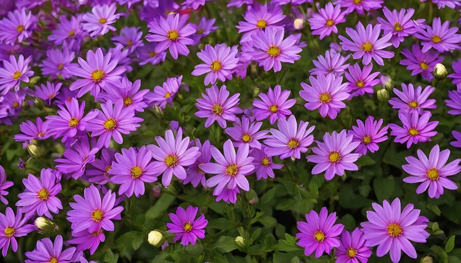 Violetas krāsas ziedi dārzā