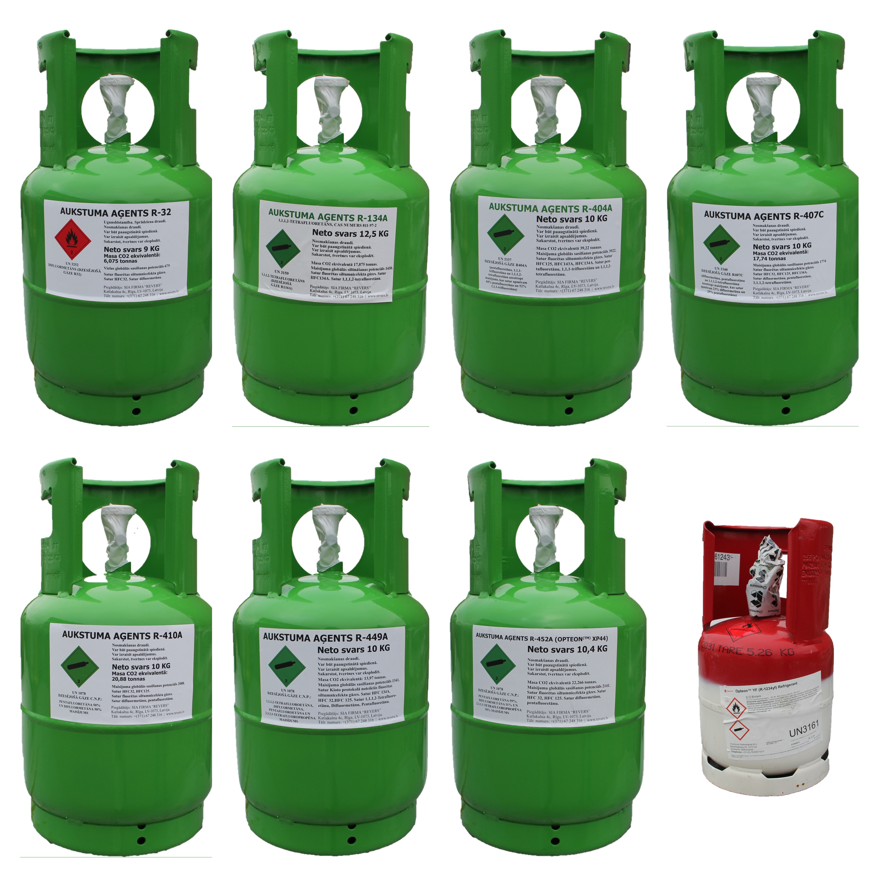 Aukstuma aģenti R134A, R404A, R410A, R407C, R452A (XP44), R449A (XP40), R1234YF, R32